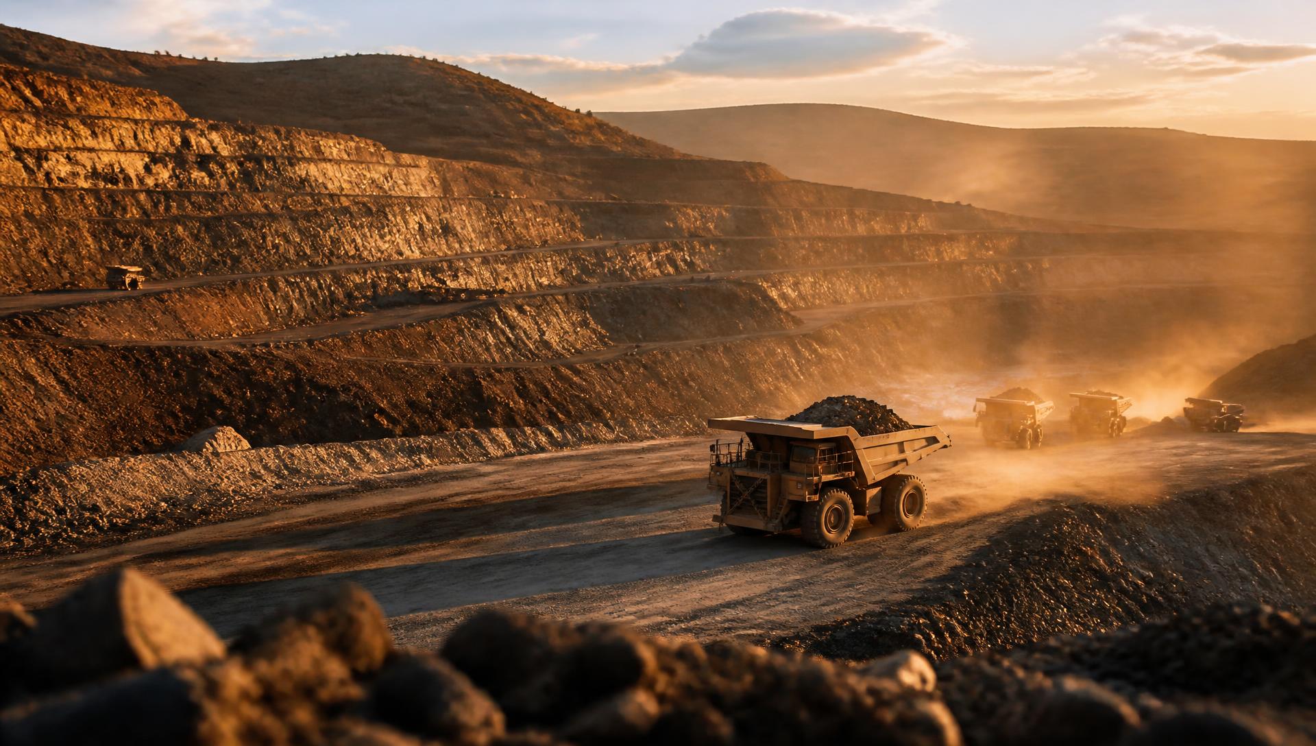 Operação de mineração a céu aberto ao entardecer